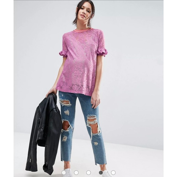 ASOS Tops - ASOS Maternity Lilac Lace Ruffle Sleeve Stripe Tipping T-Shirt Size 18